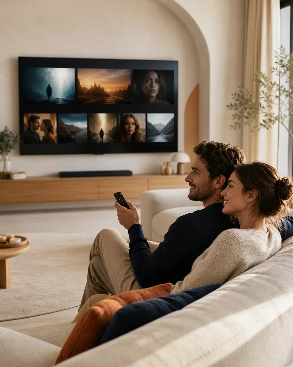 Couple regardant des contenus IPTV dans un salon moderne