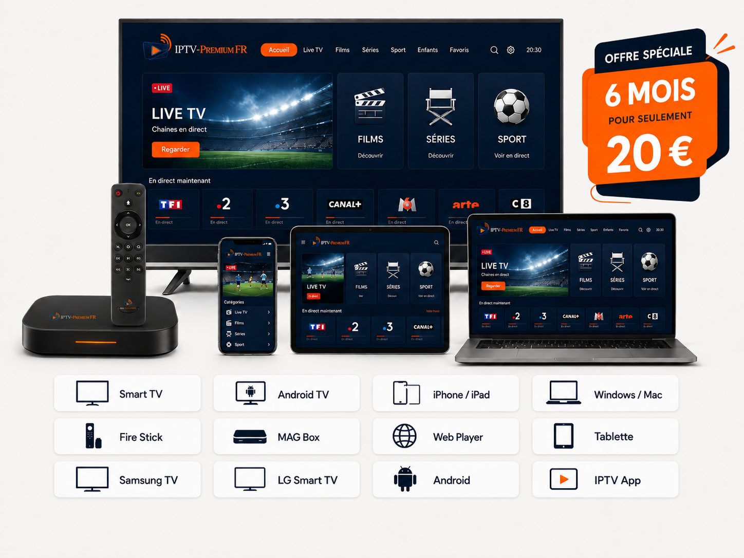IPTV Premium compatible avec Smart TV, smartphone, tablette, ordinateur et TV Box