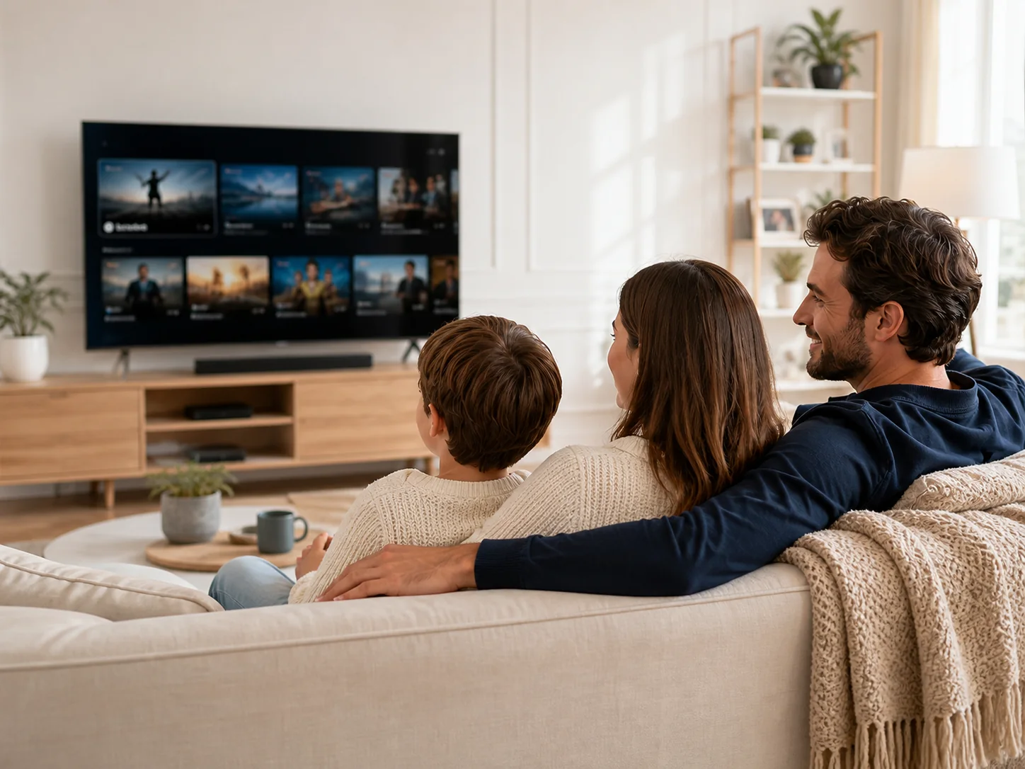 Famille regardant un abonnement IPTV Premium sur leur télévision