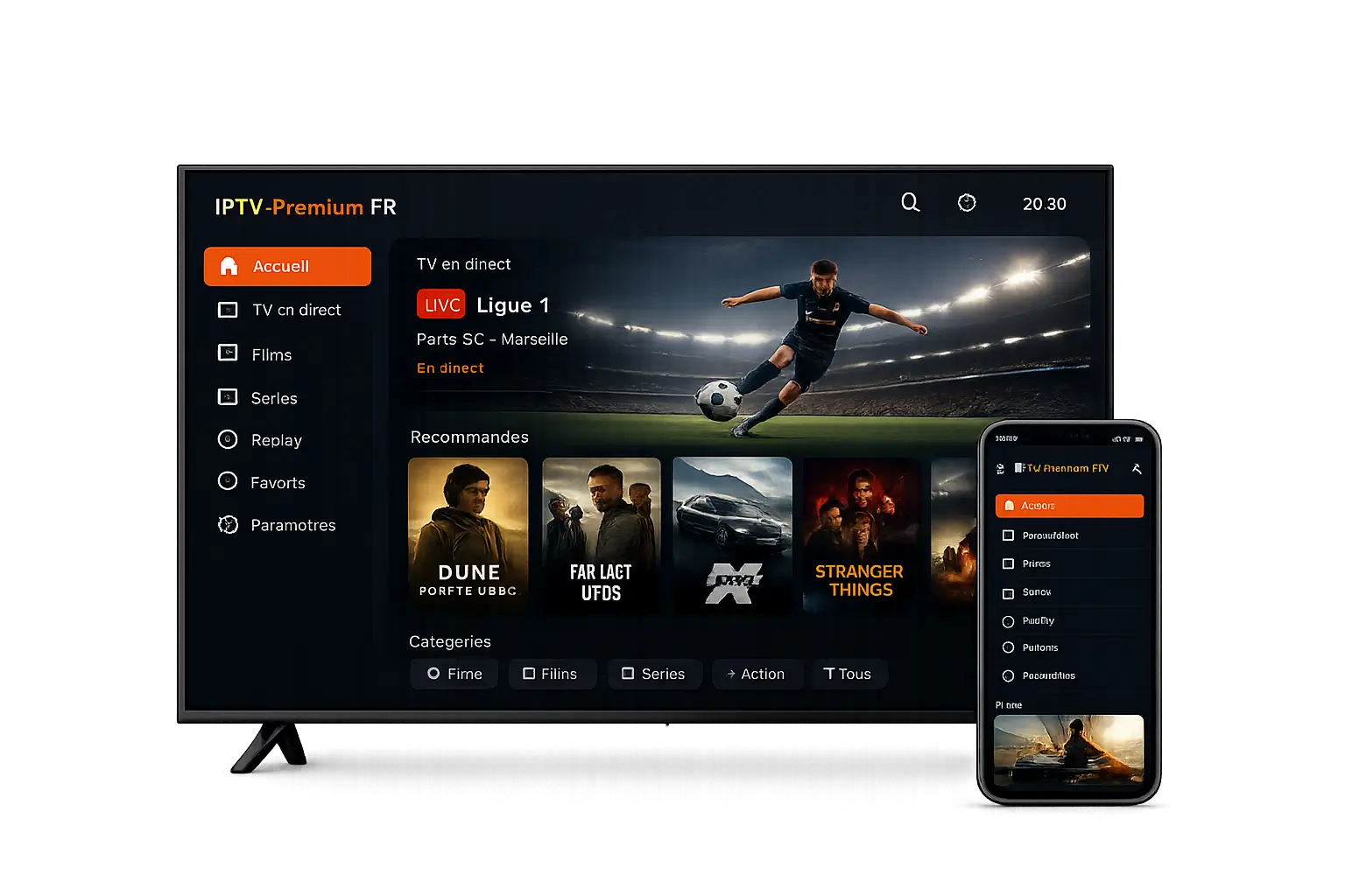 Interface IPTV Premium sur télévision et smartphone